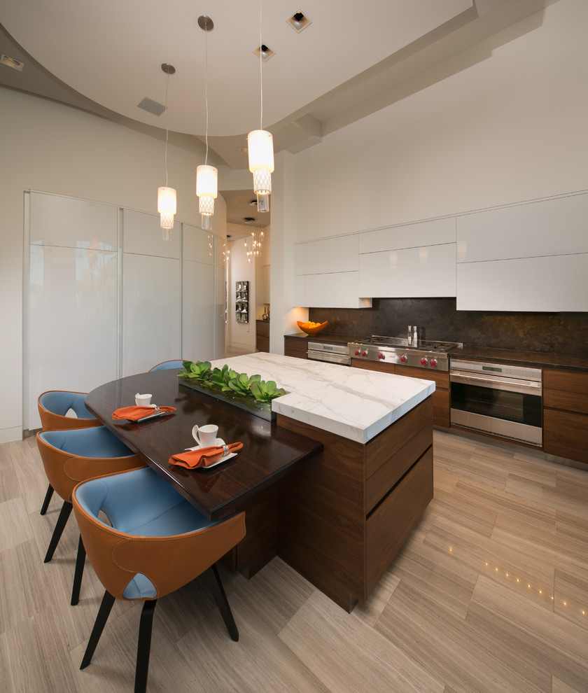 Inspiration for a contemporary eat-in kitchen in Houston with flat-panel cabinets, dark wood cabinets, brown splashback, stone slab splashback, stainless steel appliances and with island.