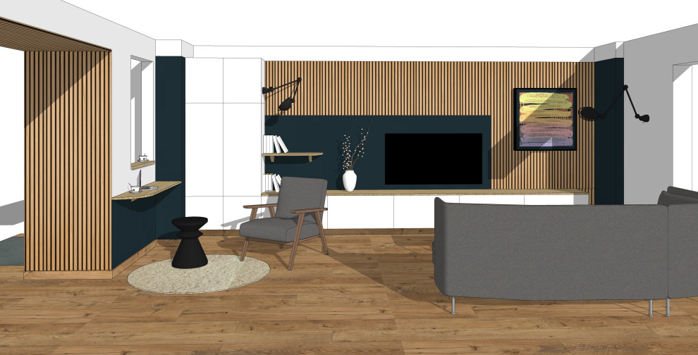 Aménagement d'un salon moderne avec un mur bleu, parquet clair et du lambris de bois.