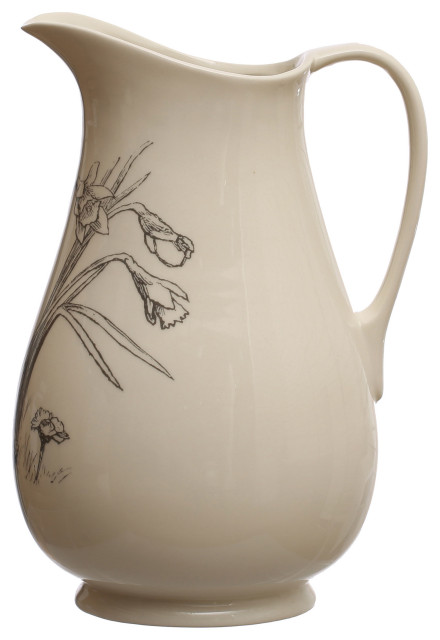6.5 Inches 2-Quart Stoneware Pitcher With Flower Design, White and Charcoal