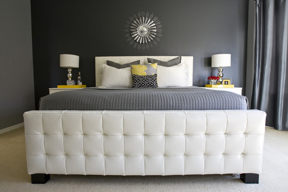 Inspiration for a transitional bedroom in Salt Lake City with grey walls and carpet.