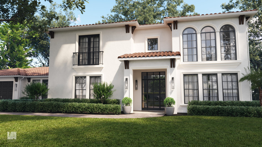 Mittelgroßes, Zweistöckiges Modernes Einfamilienhaus mit Putzfassade, weißer Fassadenfarbe, Satteldach, Blechdach und schwarzem Dach in Tampa