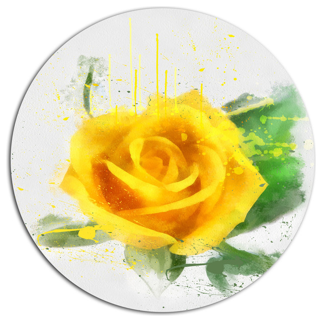 Yellow Rose With Green Leaves Sketch, Modern Floral Round Wall Art, 36"