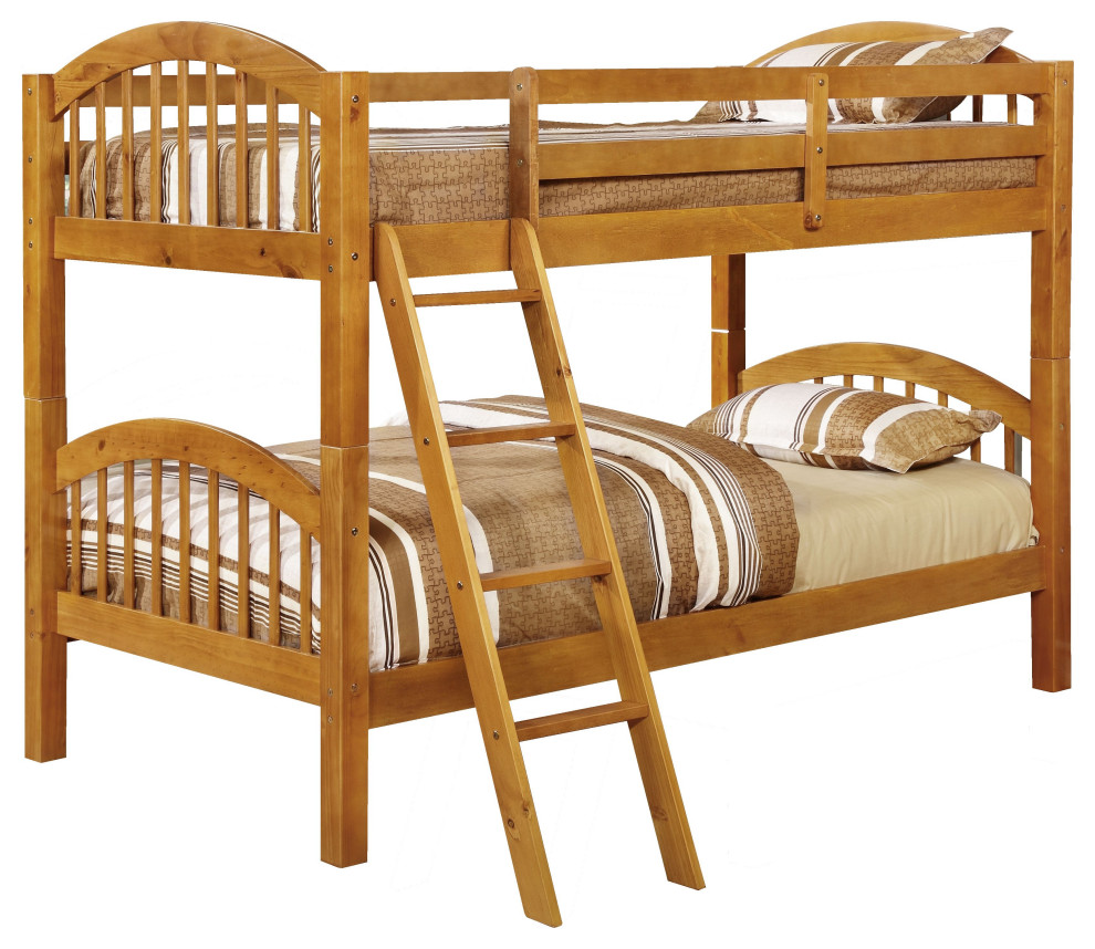 Honey Finish Wood Arched Design Twin Size Convertible Bunk Bed