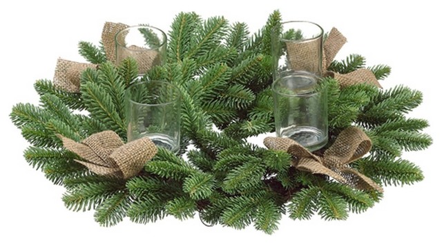 Pine Candle Ring With Glass Candle Holders, 21"