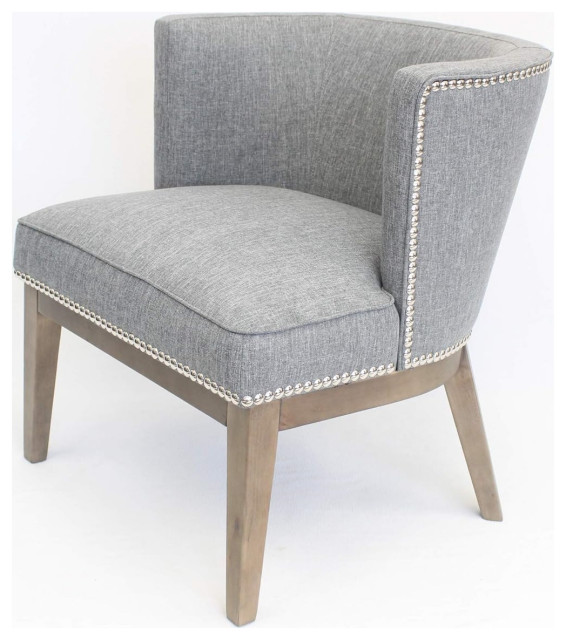 Grey Linen Office Chair, Padded Seat, Curved Back, Nailhead Trim