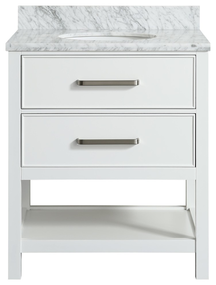 Louella White Contemporary Bathroom Vanity With Marble Top, 30"
