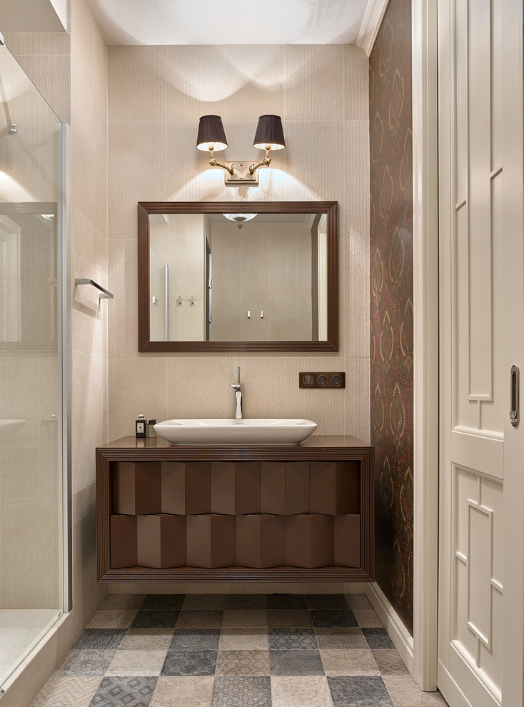 Transitional 3/4 bathroom in Moscow with beige tile, beige walls, a vessel sink, raised-panel cabinets, dark wood cabinets, an alcove shower, ceramic tile, ceramic floors and wood benchtops.