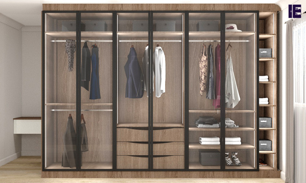 Design ideas for a small modern storage and wardrobe in London with glass-front cabinets, brown cabinets, plywood floors and brown floor.