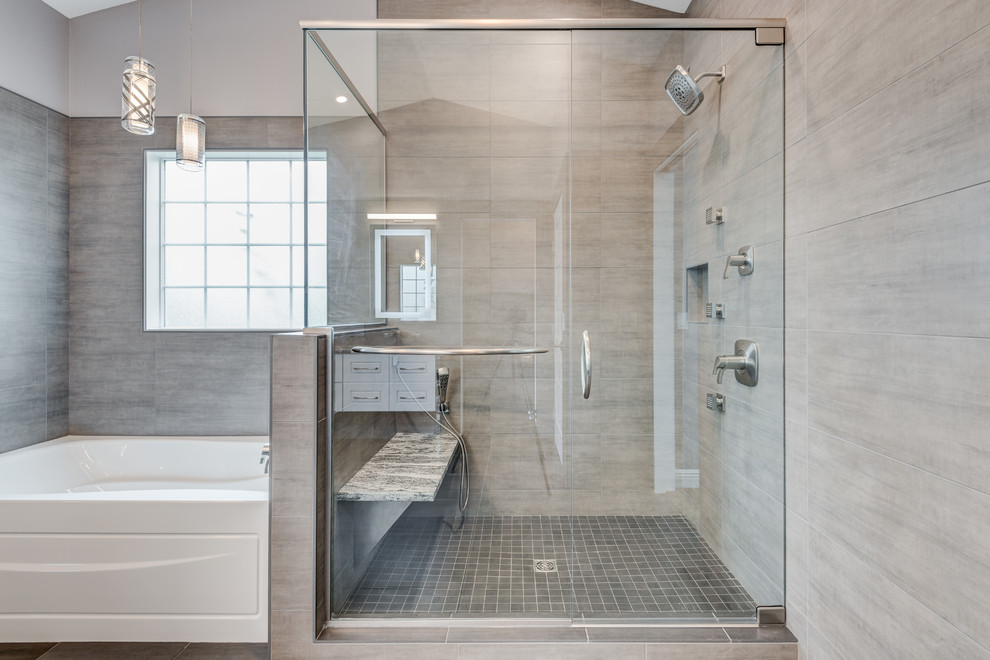 Design ideas for a large modern master bathroom in Chicago with raised-panel cabinets, white cabinets, a freestanding tub, an open shower, gray tile, ceramic tile, grey walls, ceramic floors, quartzite benchtops, grey floor, a hinged shower door, a wall-mount toilet and an undermount sink.