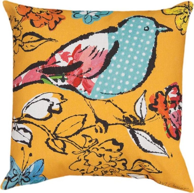 Pair of 'Sunny Day Flight' Watercolor Bird Print Indoor / Outdoor Throw Pillows