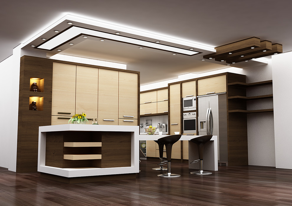 Design ideas for a mid-sized contemporary galley separate kitchen in Vancouver with flat-panel cabinets, light wood cabinets, solid surface benchtops, white splashback, stainless steel appliances, dark hardwood floors and with island.