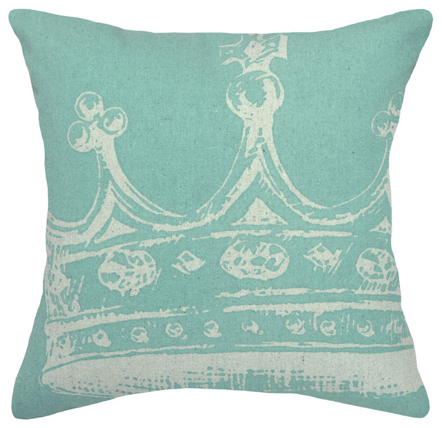 Crown Printed Linen Pillow With Feather-Down Insert, Aqua
