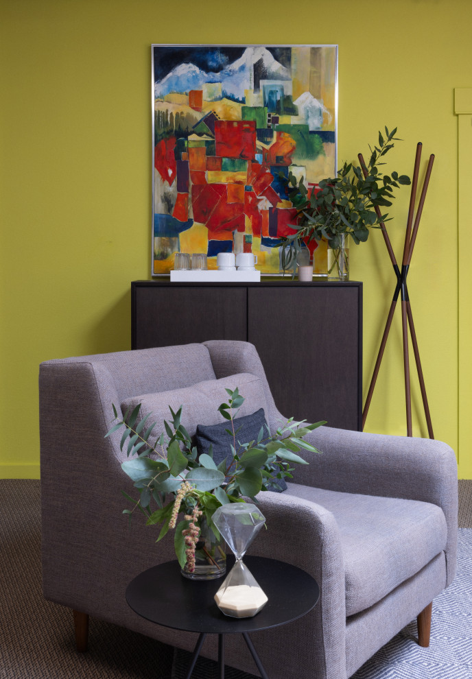 Inspiration for a modern open concept carpeted living room remodel in Portland with gray walls