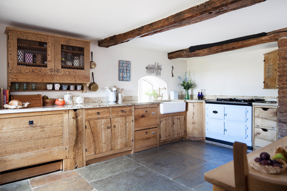 Design ideas for a mid-sized country l-shaped kitchen in Other with medium wood cabinets.
