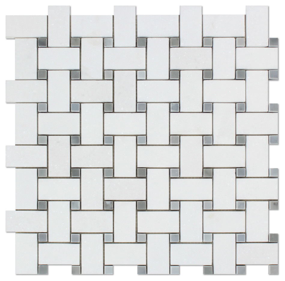 12"x12" Thassos White Greek Marble Honed Basketweave Mosaic Tile, Blue Dots