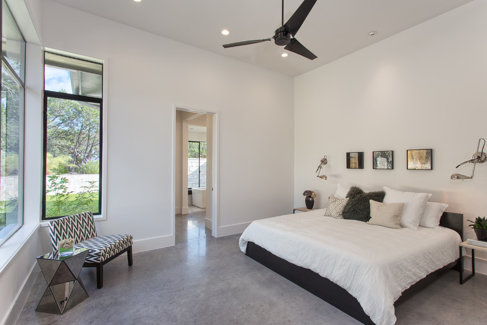 Design ideas for a contemporary master bedroom in Austin with beige walls.
