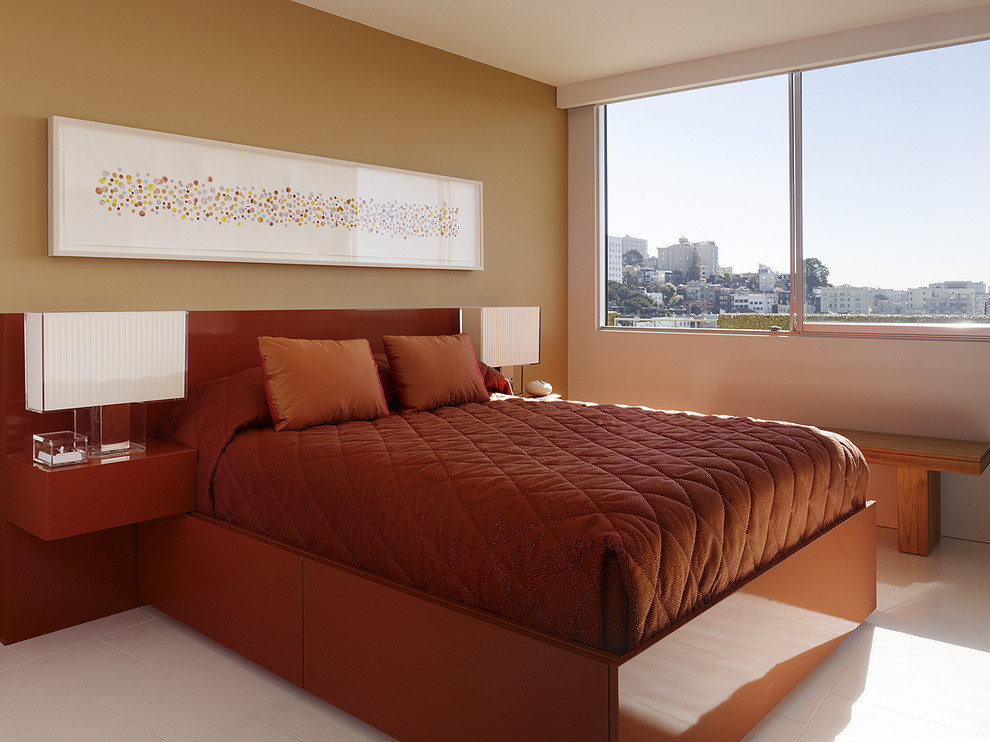 Modern bedroom in San Francisco with beige walls.