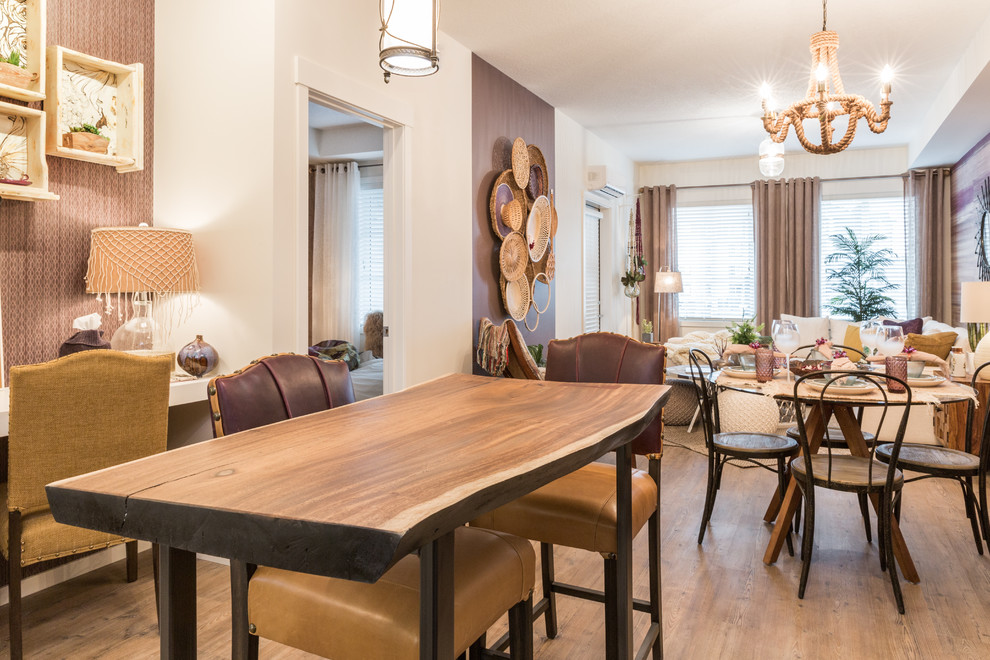 Photo of a mid-sized transitional open plan dining in Calgary with purple walls and dark hardwood floors.