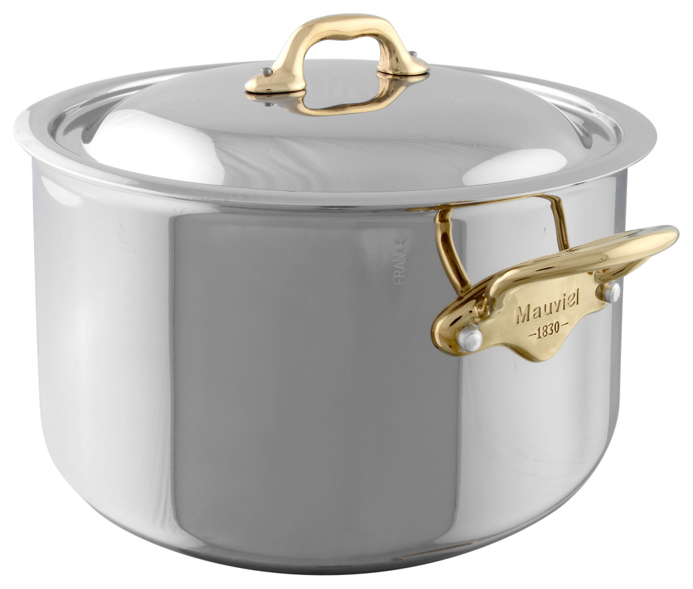 Mauviel M'Cook B Stainless Steel Stewpan With Lid & Brass Handles, 6.2-qt