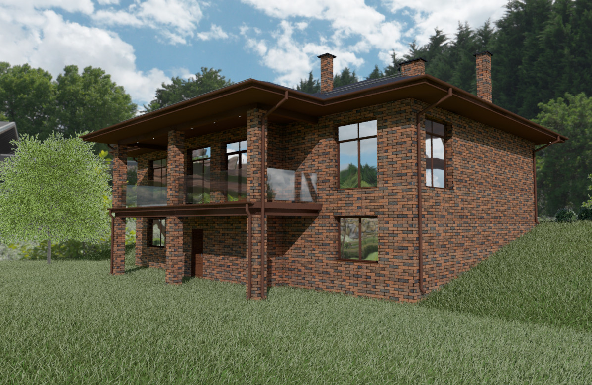 Проект кирпичного дома с цокольным этажом из монолитного ж/б, 400 м2