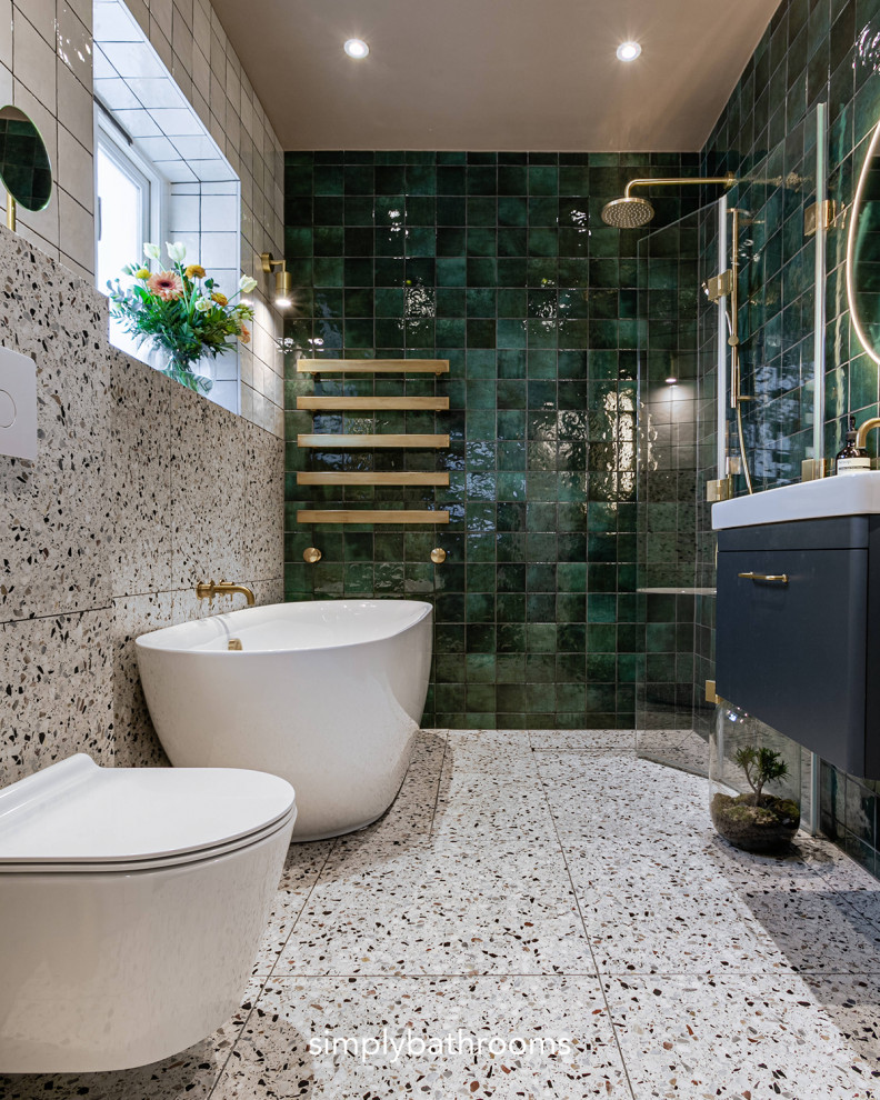 Design ideas for a medium sized eclectic bathroom in Surrey with blue cabinets, green tiles, marble tiles, multi-coloured walls, a console sink, a hinged door, white worktops, a feature wall, a single sink and a floating vanity unit.