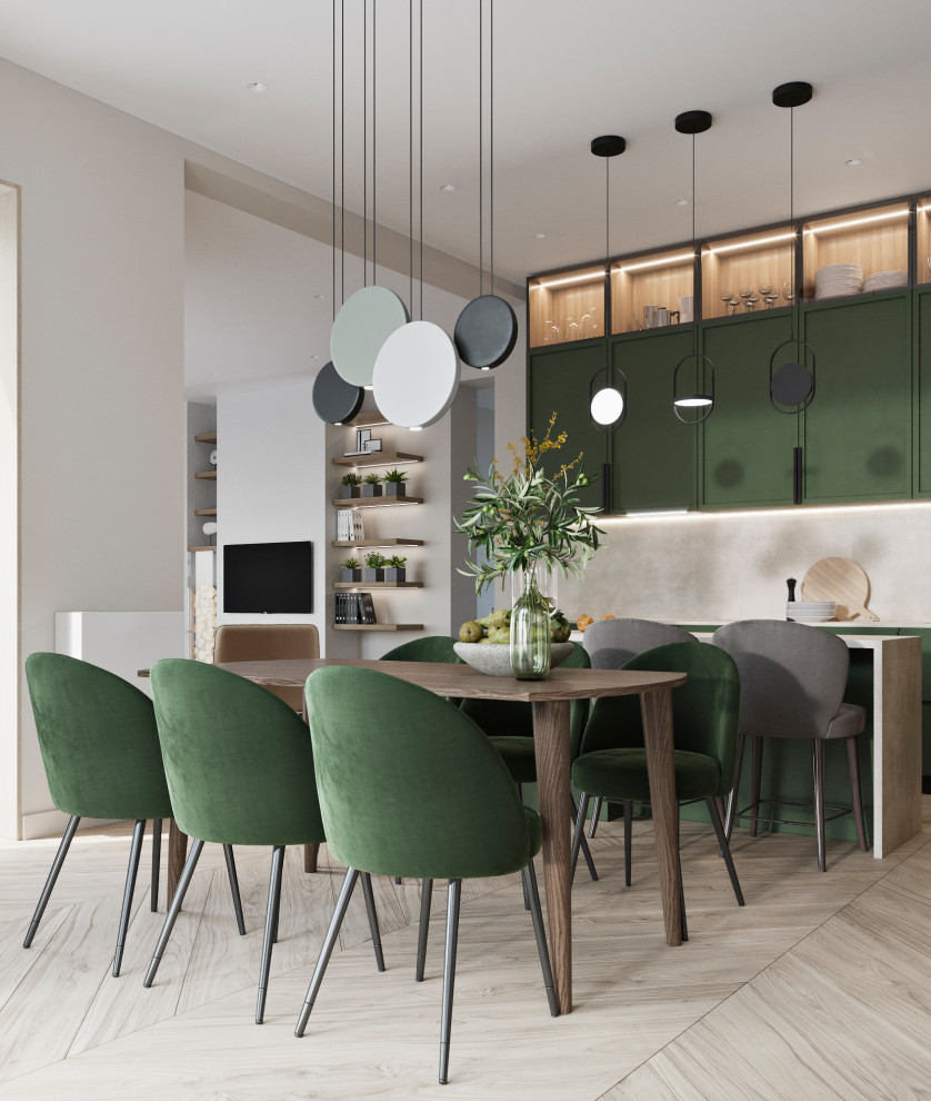 Large contemporary single-wall eat-in kitchen in Other with with island, beige benchtop, green cabinets, beige splashback and black appliances.