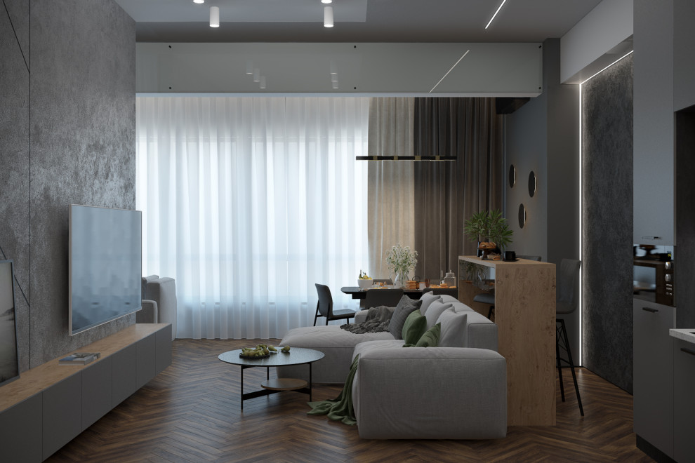 Кухня-гостиная в современном стиле в квартире