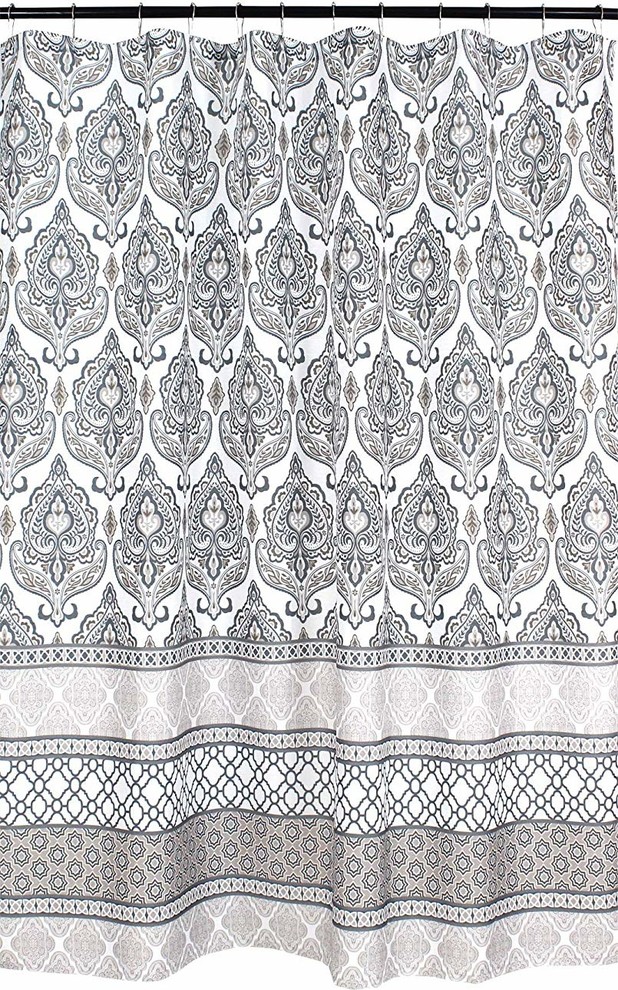 Charcoal Grey Tan White Fabric Shower Curtain Floral Damask