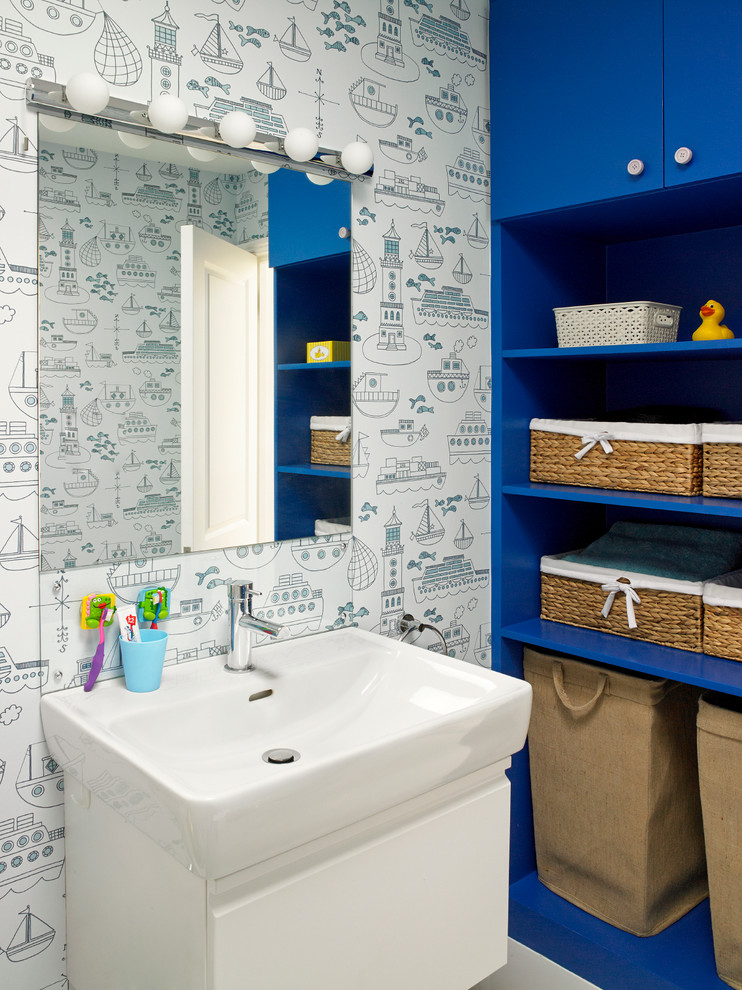 Inspiration for a contemporary kids bathroom in London with a console sink.