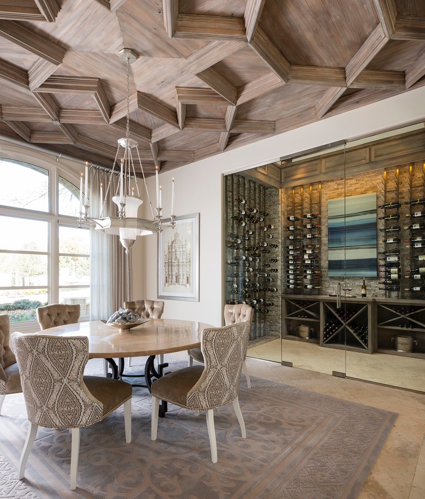 Inspiration for a beach style dining room in Dallas with white walls and beige floor.