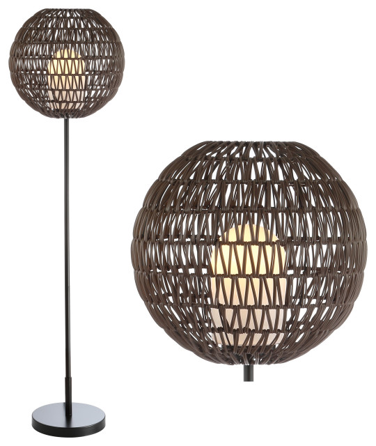 Bea 61" Outdoor Woven Globe LED Floor Lamp, Coffee and Black