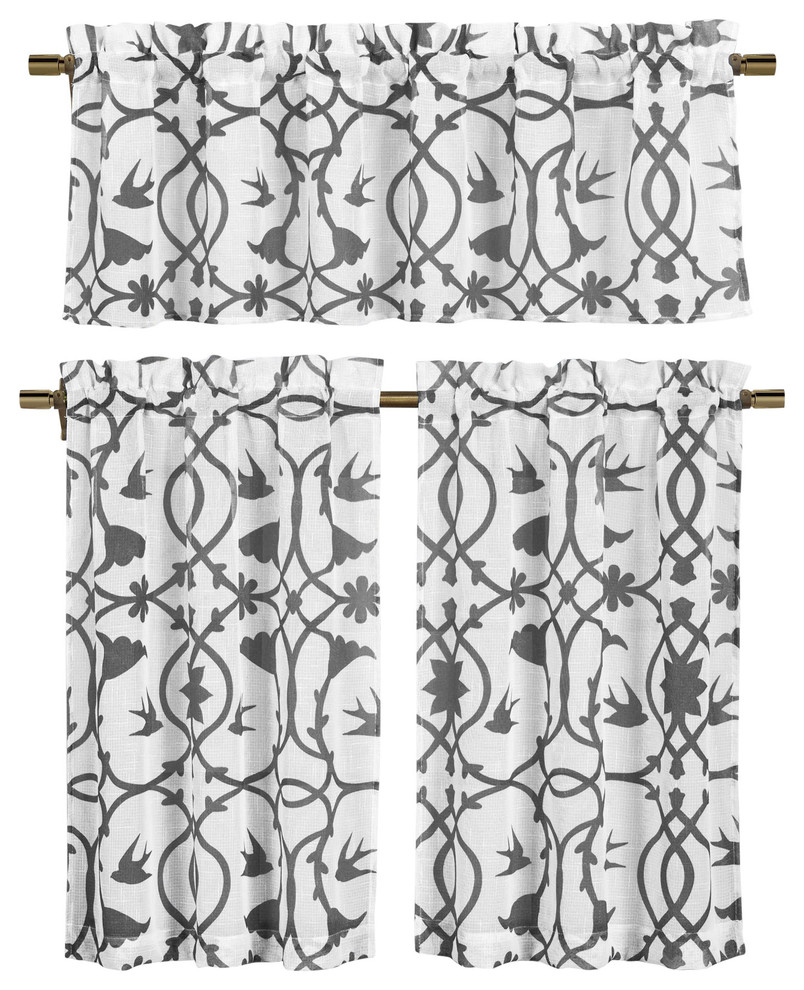 White Semi Sheer Window Curtain Set:  Botanical Design, 3 Piece, Gray