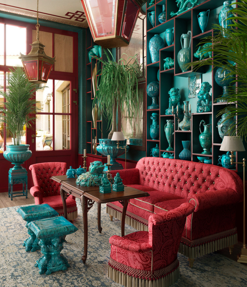 3d визуализация китайской комнаты с нефритовыми фигурками