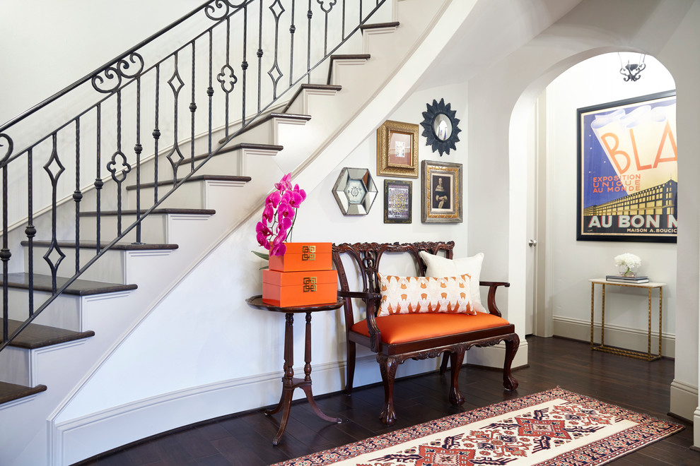 Mid-sized transitional foyer in Houston with white walls and dark hardwood floors.