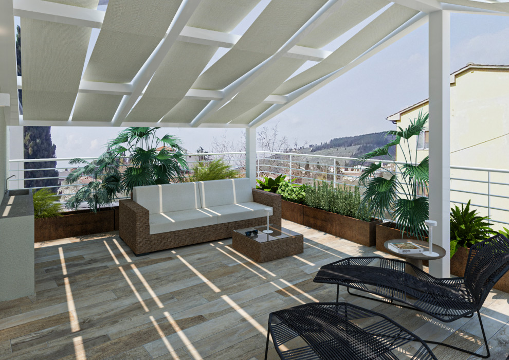 Idées déco pour une terrasse sur le toit moderne avec une pergola et un garde-corps en métal.