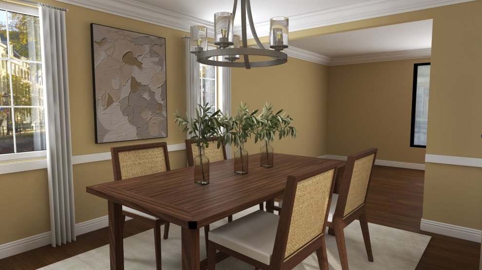 Стильный дизайн: столовая в стиле неоклассика (современная классика) с желтыми стенами - последний тренд