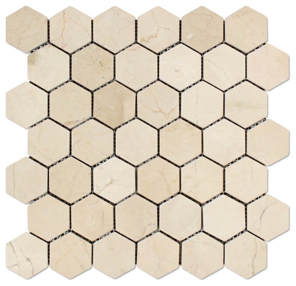 Crema Marfil Marble Tumbled 2" Hexagon Mosaic Tile Traditional