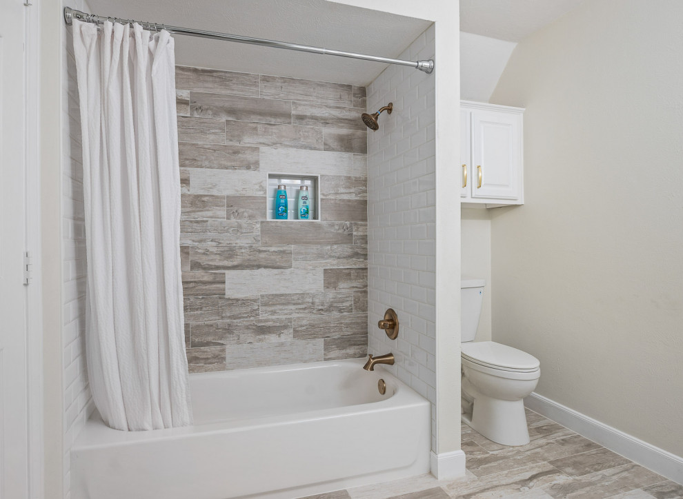 Inspiration for a medium sized classic family bathroom in Houston with raised-panel cabinets, white cabinets, an alcove bath, a corner shower, a two-piece toilet, grey tiles, wood-effect tiles, beige walls, wood-effect flooring, a submerged sink, engineered stone worktops, grey floors, a hinged door, white worktops, double sinks and a built in vanity unit.