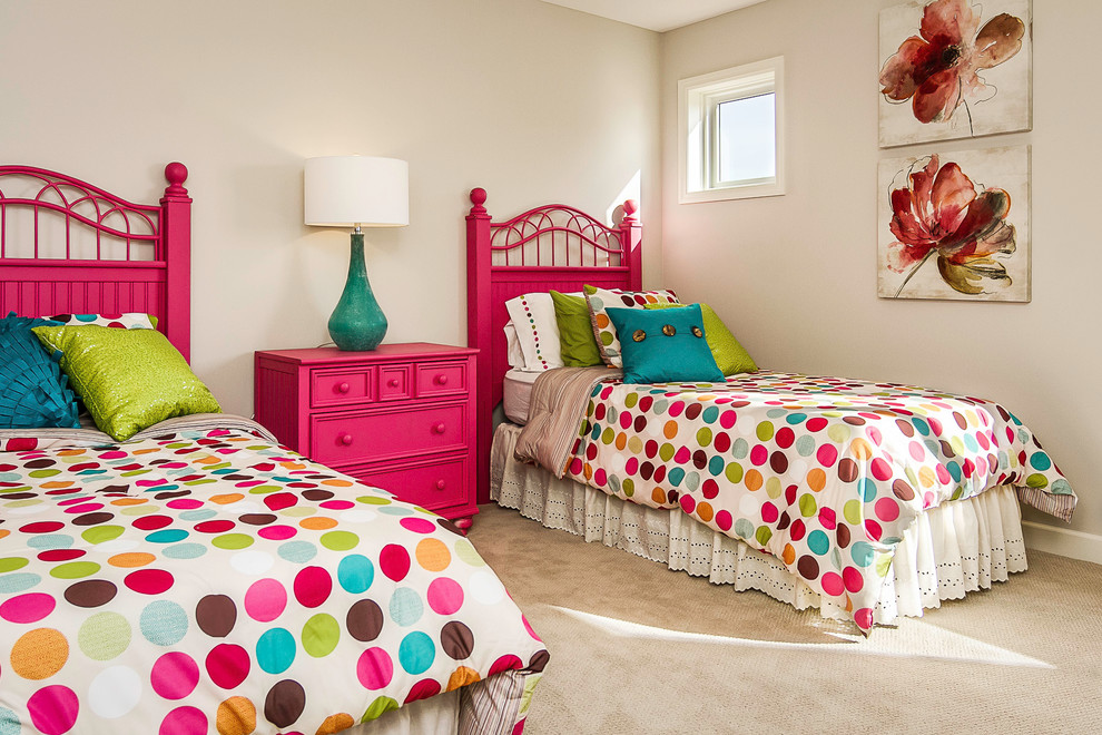Kids' bedroom - bedroom and mid-sized transitional girl carpeted kids' bedroom idea in Minneapolis with gray walls