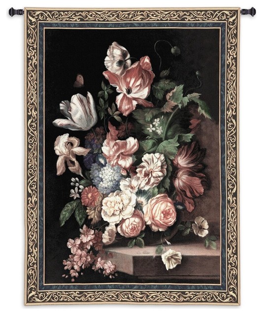 Flowers of Grace Wall Tapestry, Black and Pink Traditional