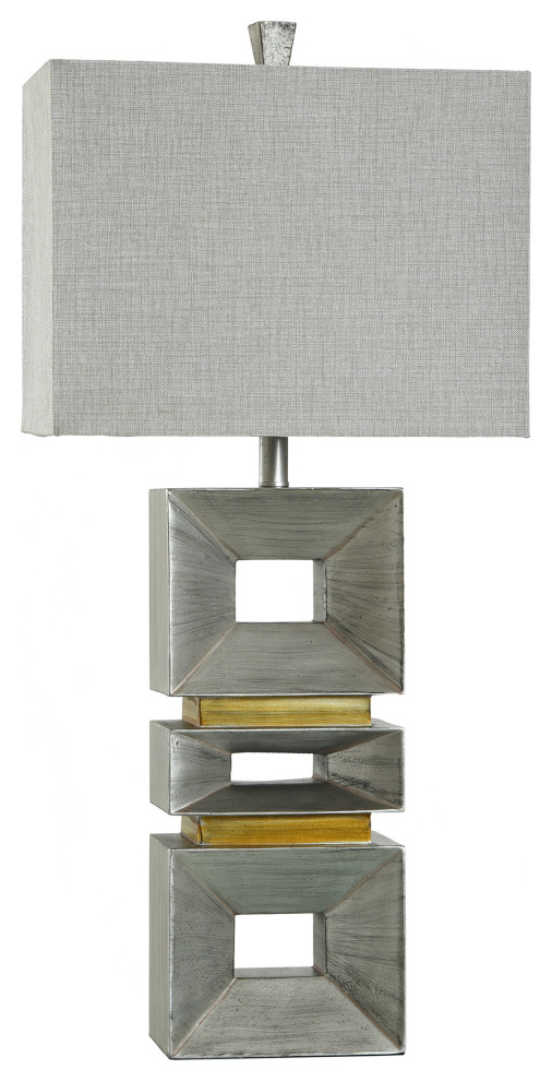 Contemporary Table Lamp, Palladium Silver Finish, Taupe Hardback Fabric Shade