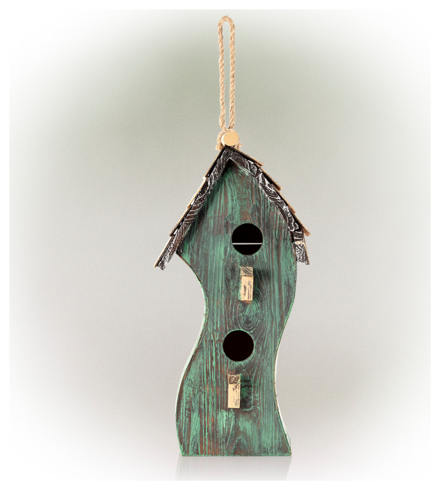 Alpine Green Swirly Wooden Birdhouse, 16" Farmhouse Birdhouses by