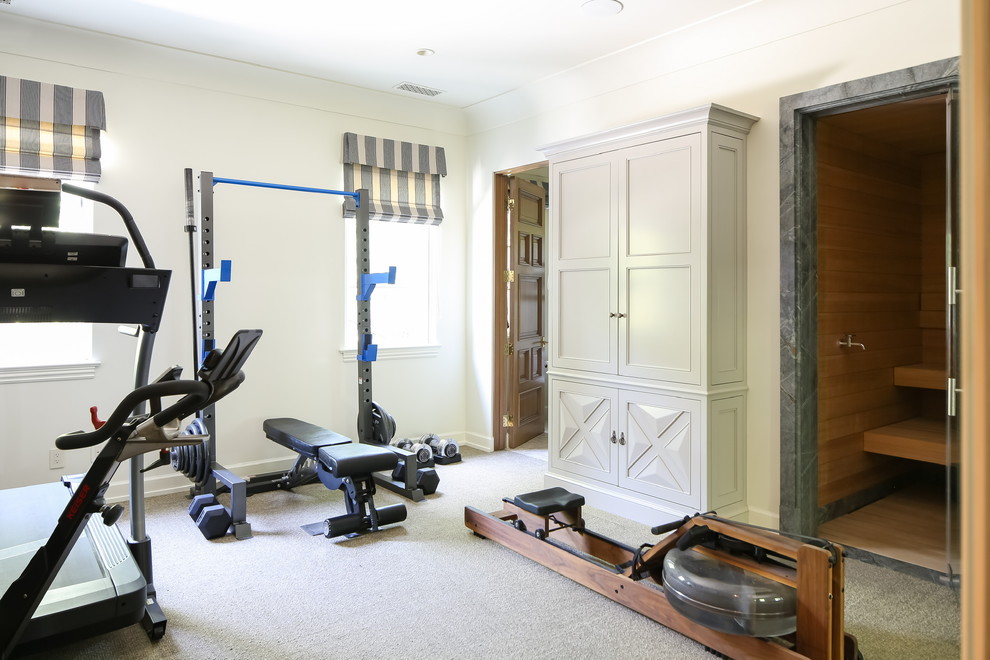 Mid-sized mediterranean multipurpose gym in Los Angeles with white walls, carpet and beige floor.