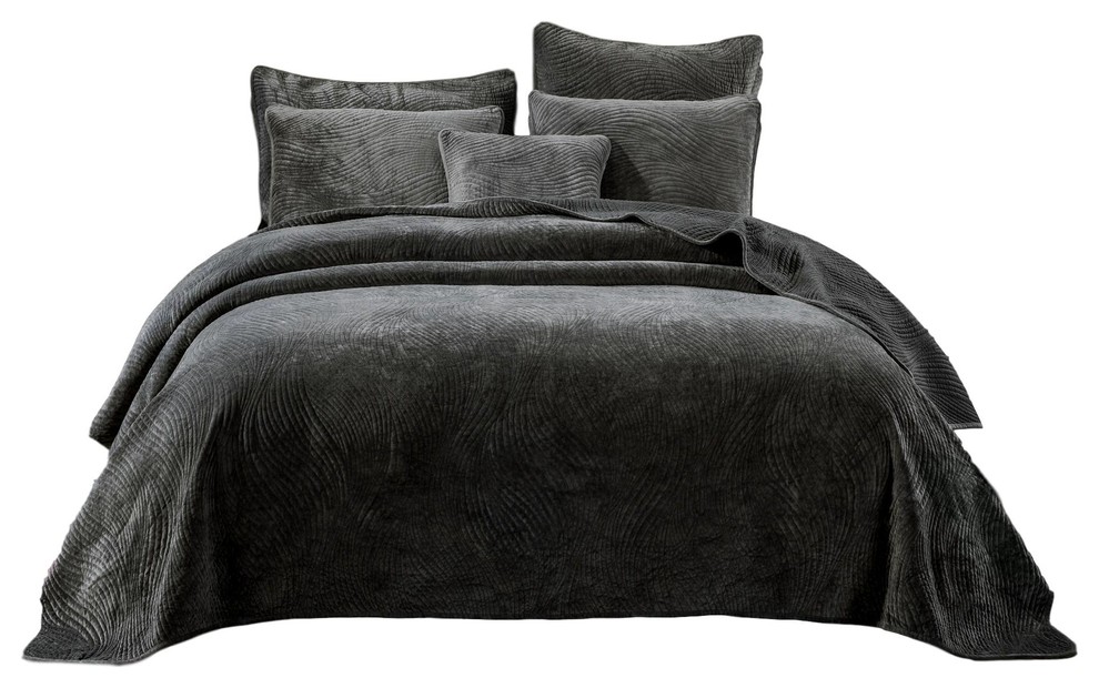 Dark Brown Velvet Plush Waves Bedspread Set - Contemporary - Quilts And ...