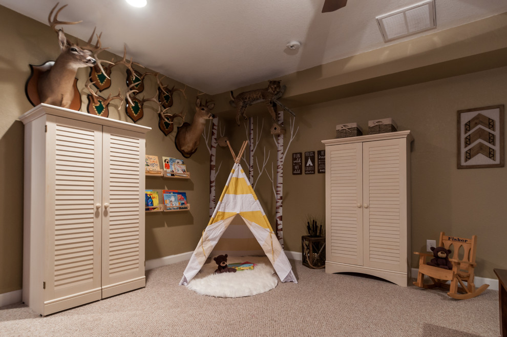 Playroom - mid-sized rustic gender-neutral carpeted playroom idea with brown walls