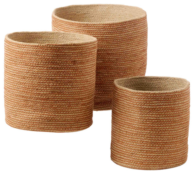 Melia Woven Jute Round Basket Set of 3 Beach Style Baskets by
