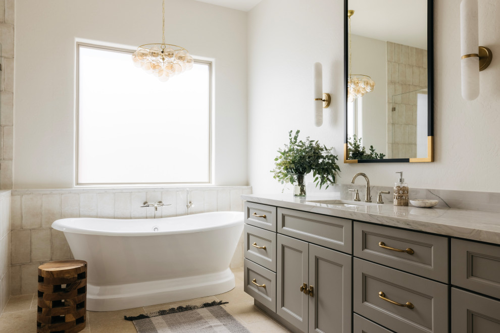 Example of a transitional bathroom design in Phoenix with green cabinets