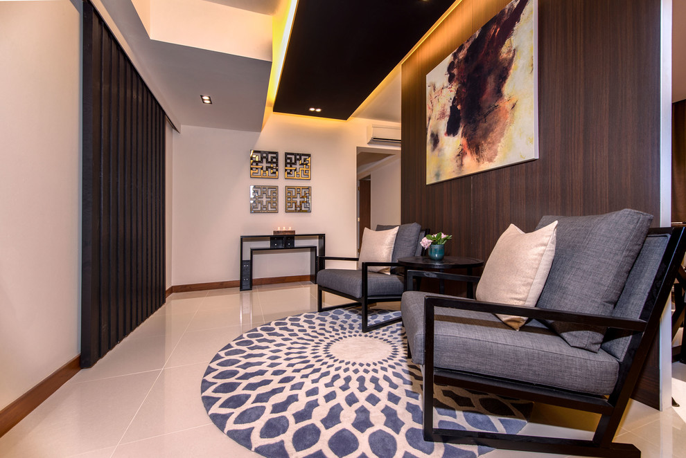 Design ideas for a mid-sized contemporary foyer in Singapore with white walls, ceramic floors and a black front door.