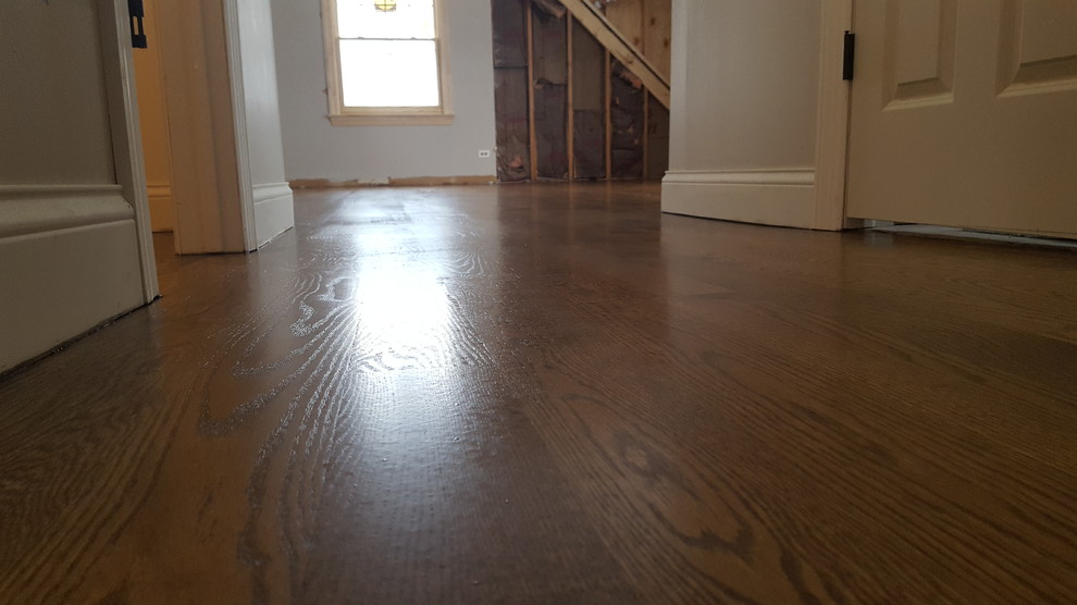 3 and 1/4 red oak select and better special walnut stain , satin water base fini