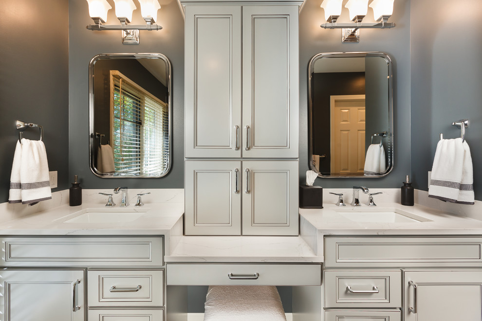 Inspiration for a large traditional master bathroom in Detroit with recessed-panel cabinets, grey cabinets, grey walls, dark hardwood floors, an undermount sink, quartzite benchtops and brown floor.